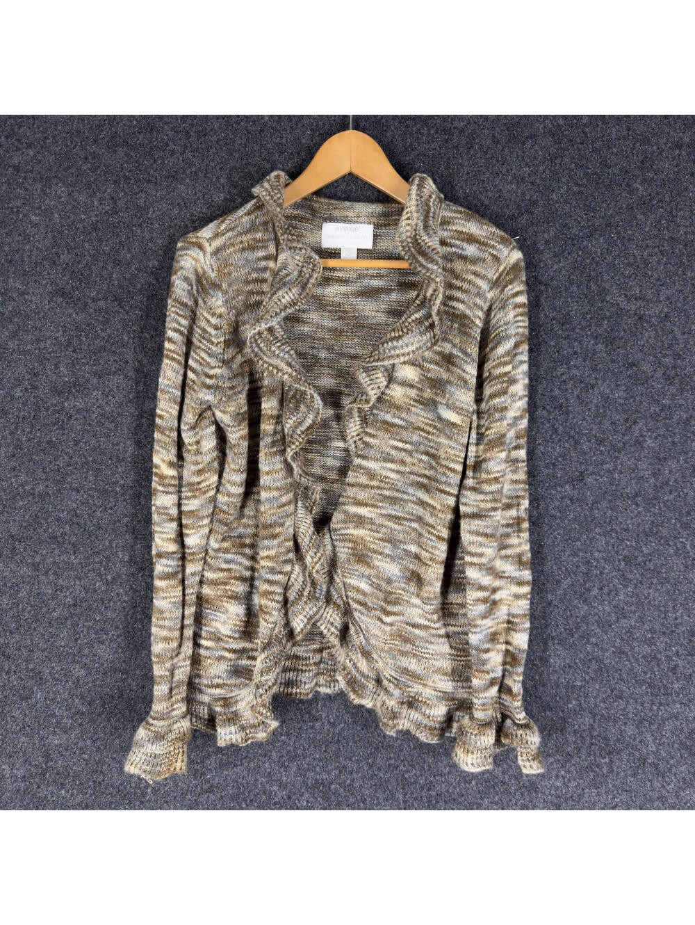 Avenue Cardigan Women 14/15 Brown Striped Collared Long Sleeve Open Front Wool
